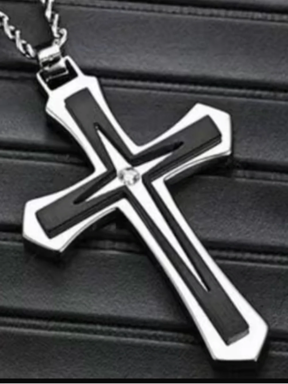 NWT Men’s Stainless Steel Two-Tone Layered Cross Necklace Silver Black